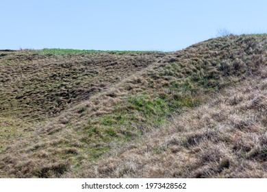 Hillock With Dry Grass . Hill Top Against Sky 