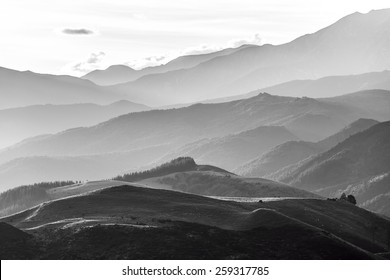 Hills of Canterbury near Hanmer Springs in black and white, South Island, New Zealand