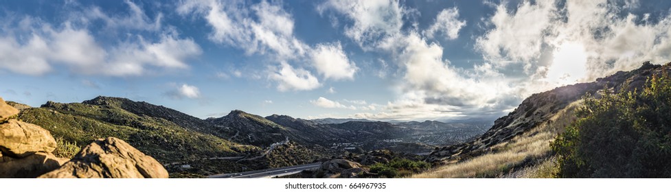 Hills And Freeway Road At Rocky Peaks In San Fernando Valley California.  