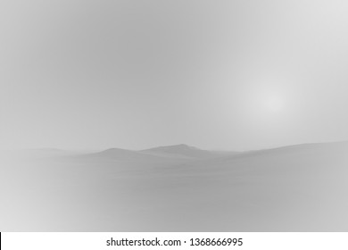 Hills And Sky In Distance, Abstract Grey Desert Background, Neutral Monochrome Gradient, Faded Sunrise On Foggy Mountain Landscape.