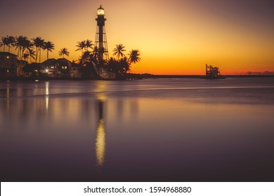 Hillsboro Inlet Lighthouse at sunrise. Hillsboro Beach, Florida, USA.