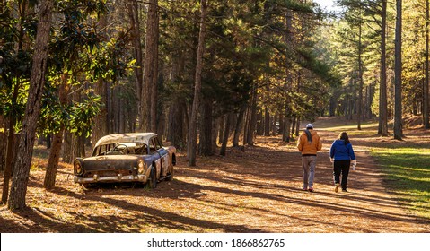 Hillsborough, North Carolina USA-12 03 2020: A Couple Walks On The Occoneechee Speedway Trail Past An Abandoned Stock Car. The Old Track Is A Walking Trail.