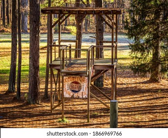 Hillsborough, North Carolina USA-12 03 2020: Close Up View Of The Timer's Stand At Occoneechee Speedway. This Was A Former Stock Car Track Until 1968.