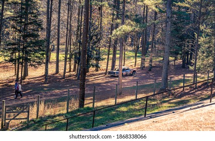 Hillsborough, North Carolina USA-12 03 2020: The Occoneechee Speedway Trail Viewed From The Spectator Seating