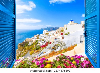 Hillside view through an open window with blue shutters of the blue dome church, caldera, sea and white village of Oia on the island of Santorini, Greece. - Powered by Shutterstock