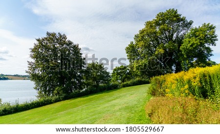 A hilltop garden with a view of Kolding Fjord. The trees stand tall and green and the flowers bloom beautifully.