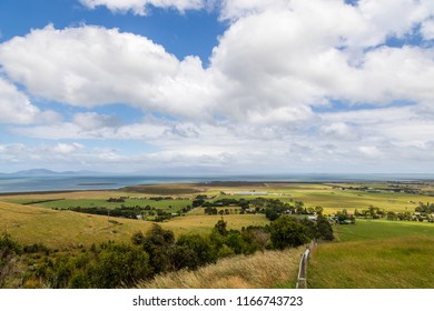 Hilly Landscape Near Toora, Victoria, Australia. In The Far; The Corner Inlet Marine And Coastal Park