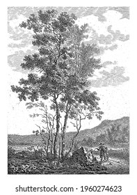 Hilly Landscape With Tall Trees And Two Figures On A Road.