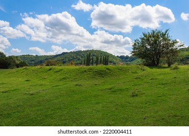 The Hilly Nature Of Eastern Europe. Background With Copy Space For Text Or Inscriptions, Toned