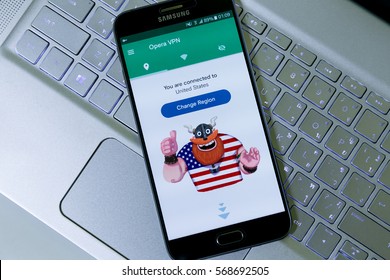 Hilton Head Island, SC, USA - January 31, 2017: Opera VPN App In Android Smartphone Connecting To United States Server Via Wifi For More Privacy And Blocking Ads