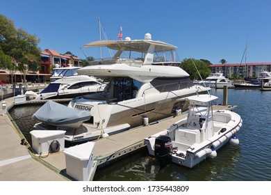 HILTON HEAD, SC –2 MAY 2020- View of boats in the Harbour Town Yacht Basin in Hilton Head, South Carolina, United States.