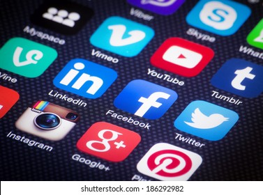 HILVERSUM, NETHERLANDS - APRIL 03, 2014: Social Media Are Trending And Both Business As Consumer Are Using It For Information Sharing And Networking. Showing Social Media Icons On Smartphone.