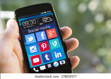 HILVERSUM, NETHERLANDS - FEBRUARY 21, 2014: Social Media Are Trending And Both Business As Consumer Are Using It For Information Sharing And Networking.