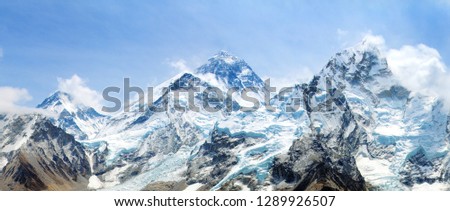 himalaya, panoramic view of himalayas mountain, Mount Everest with beautiful sky and Khumbu Glacier - way to Everest base camp, Khumbu valley, Sagarmatha national park, Nepalese himalayas