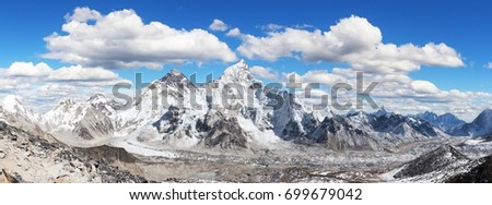 himalaya, panoramic view of himalayas mountain, Mount Everest with beautiful sky and Khumbu Glacier - way to Everest base camp, Khumbu valley, Sagarmatha national park, Nepalese himalayas