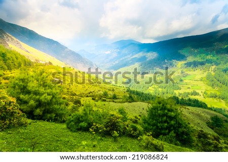 Himalayan mountains and rice field, Nepal