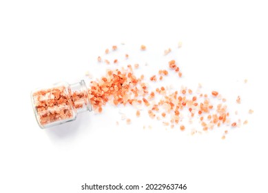 Himalayan Pink Salt In Glass Jar Isolated On White Background, Top View, Flat Lay.