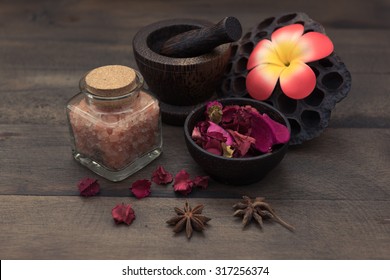 Himalayan Pink Salt  And Spa Products On Grunge Wood Table,still Life