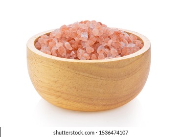 Himalayan Salt Raw Crystals In Wood Bowl Isolated On White Background