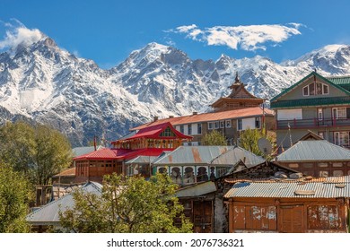 Himalayan village town of Kalpa with Kailash mountain snow peaks at Himachal Pradesh India.