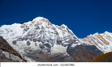 Himalayas mountain landscape in the Annapurna region. Annapurna peak in the Himalaya range, Nepal. Annapurna base camp trek. Snowy mountains, high peaks of Annapurna.