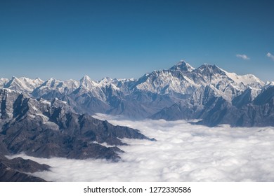 Himalayas Ridge. Mount Everest Aerial View From Nepal Country Side