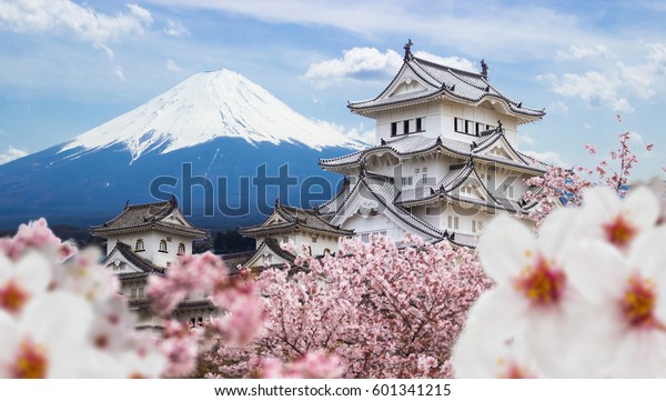 姬路城和盛开的樱花 富士山背景 日本库存照片 立即编辑