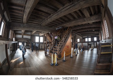 HIMEJI, JAPAN - DEC 5: Interior of Himeji Castle on Dec 5, 2016 in Himeji, Japan. The castle is regarded as the finest surviving example of prototypical Japanese castle architecture.