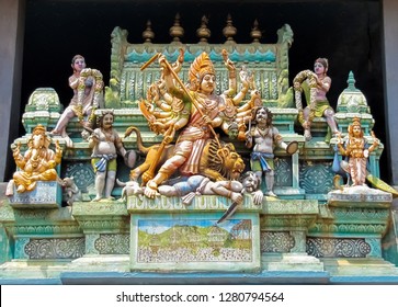 Hindu deities on the facade of a Hindu temple                            