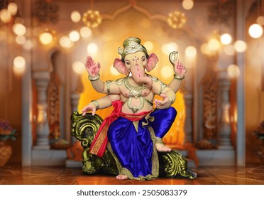 Hindu God Ganesha on indian traditional background, Ganesha Idol.