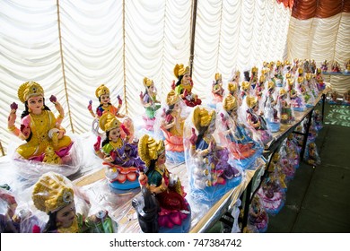 Hindu goddess, Colorful clay idol of goddess laxmi, Hindu religion and Indian celebration of Diwali festival