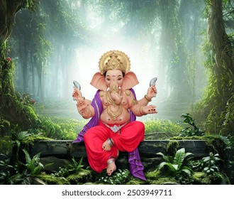 Hindu lord Ganesha on beautiful forest fantacy background, Ganpati, Ganesh Chaturthi