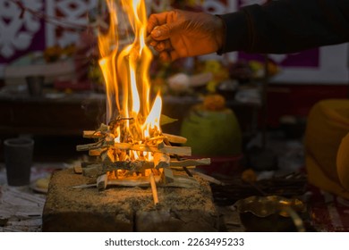 Hindu pooja ritual yagya or yajna, which is fire ceremony performed during marriage, puja and other religious occasions as per vedic traditions of sacrifice.