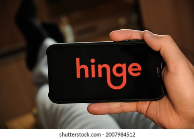 Hinge Logo On The Smartphone Display. Man Uses An Application For Dating And Looking For The Partner, June 2021, San Francisco, USA