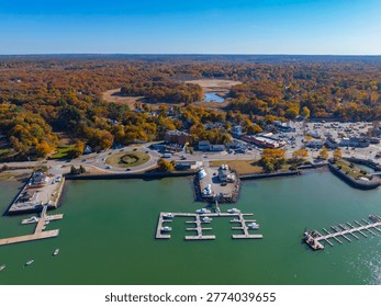 Hingham Harbor in fall aerial view including historic waterfront village and Broad Cove in town of Hingham near Boston, Massachusetts MA, USA.