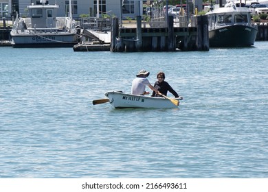 Hingham, Massachusetts, USA - May 29, 2022: An Elderly Couple On A Row Boat In Hingham Bay