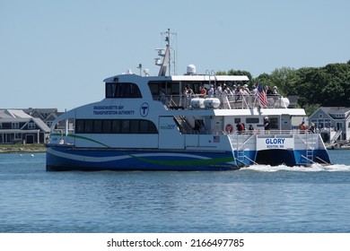 Hingham, Massachusetts, USA - May 29, 2022: View Of A MBTA Ferry In Hingham Bay