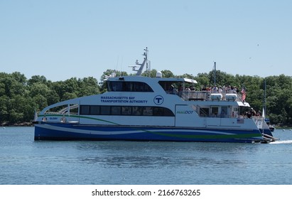 Hingham, Massachusetts, USA - May 29, 2022: A MBTA Ferry Vessel At Hingham Bay