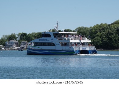 Hingham, Massachusetts, USA - May 29, 2022: View Of A MBTA Ferry At Hingham Bay