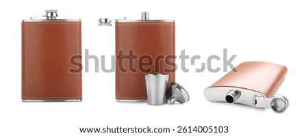 Hip flask with leather case isolated on white, collage