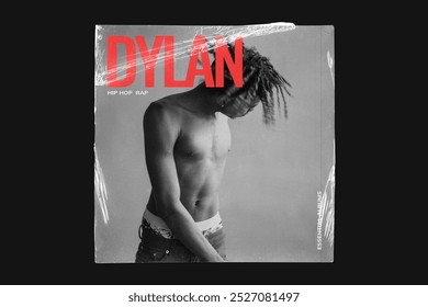 Hip hop album cover featuring a young Black male artist. The male artist is shirtless, with dreadlocks, embodying hip hop and rap culture. Bold red text highlights the hip hop theme. - Powered by Shutterstock