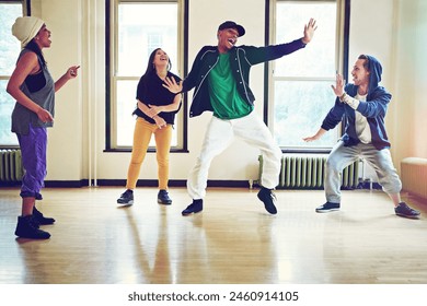 Hip hop, class and group dance energy, talent and performance and movement art practice for competition. Dancer, music and culture with diversity or friends together, fun and expression for joy - Powered by Shutterstock