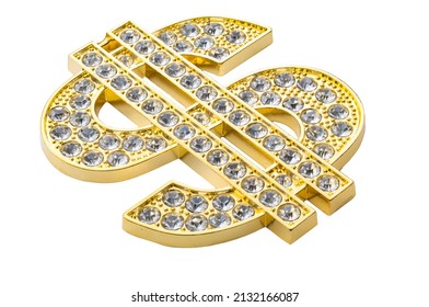 Hip Hop Culture, Expensive Bling And Displaying Success Concept With Close Up On Diamond Studded Dollar Sign Isolated On White Background With Clipping Path Cutout