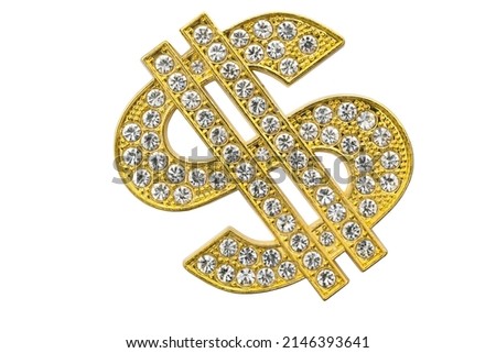 Hip hop culture, expensive bling and displaying success concept with close up on diamond studded dollar sign isolated on white background with clipping path cutout