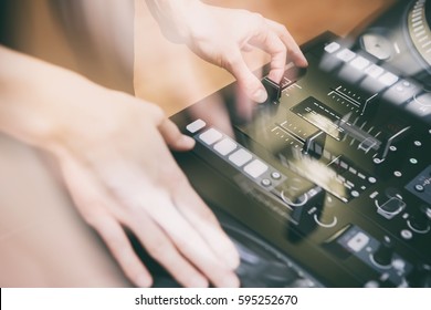 Hip Hop Dj Scratch Vinyl Record With Music On Professional Turntable And Sound Mixing Controller.Overhead Shot Of Audio Mixer & Turn Table Record Player.Nightclub Dj Audio Equipment.Double Exposure