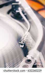 Hip Hop Dj Turntable Vinyl Record Player In Double Exposure.Play Music Tracks,scratch Vinyl Records At Parties.Hifi Turn Table Deck Top View.Vertical Shot,focus On Turntables Needle Cartridge Overhead