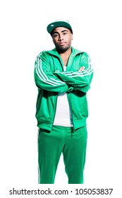 Hip Hop Urban Black Man Wearing Old School Green Suit And Cap Isolated On White. Looking Confident. Cool Guy. Studio Shot.