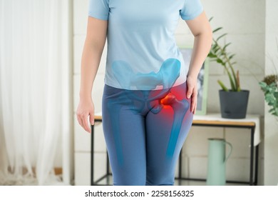 Hip joint pain, woman suffering from osteoarthritis at home, health problems concept, BeH3althy