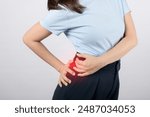 Hip and spine pain problem. young woman with hip and spine problems isolated on white background, back hip pain, people with hip dysplasia. Office syndrome problem concept..