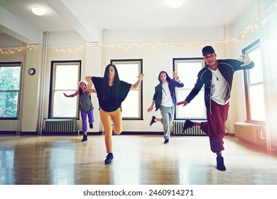 Hiphop, class and friends dancing together, talent and performance and movement art practice for competition. Dancer, music and culture with diversity group with energy, fun and expression for joy - Powered by Shutterstock